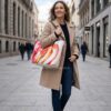 Mujer con abrigo beige y vaqueros caminando por una ciudad europea moderna, luciendo el bolso grande Desigual Sicilia reversible shopper de amathingshop.com