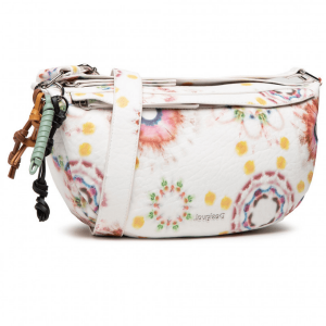 Bolso Desigual Breathe Luisiana blanco para mujer con estampado tie dye multicolor y forma media luna, fotografiado sobre fondo claro mostrando su diseño y asa ajustable.