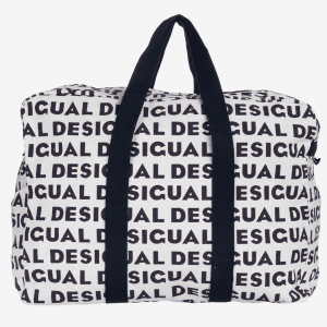 Bolso shopper Desigual grande blanco y negro 121360 con estampado de letras y asas negras de hombro.