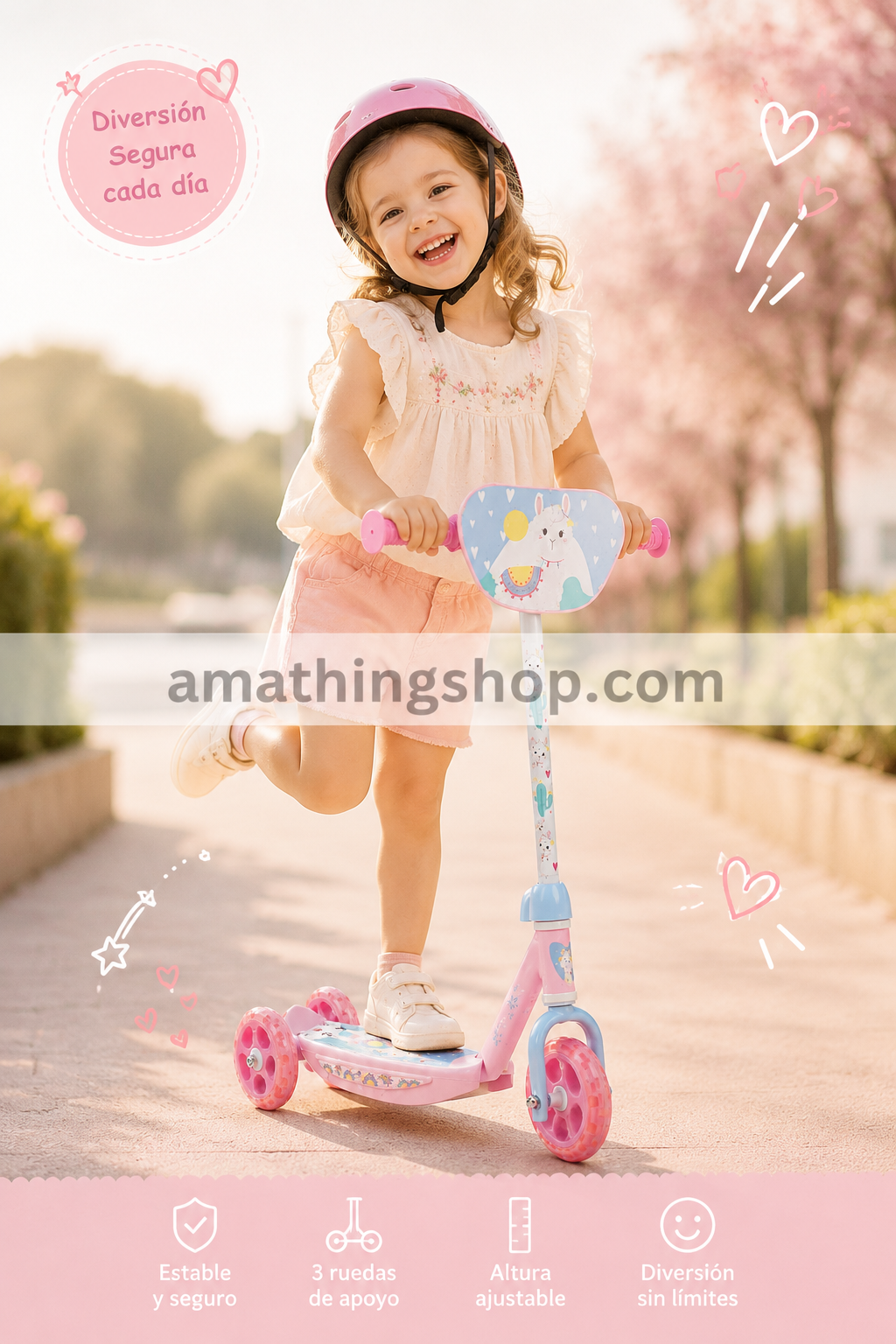 Niña usando patinete infantil rosa SAICA de 3 ruedas en paseo exterior estilo Pinterest premium