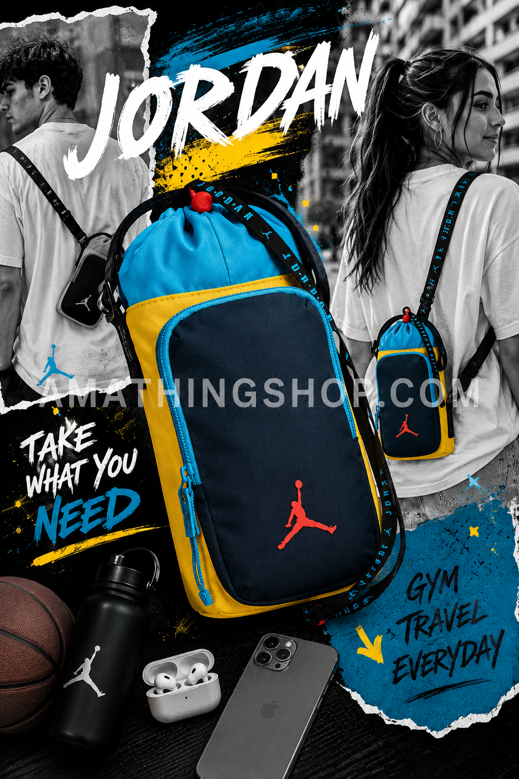 Póster lifestyle urbano de bandolera Nike Jordan portabotellas azul y amarillo con estilo gym y streetwear.