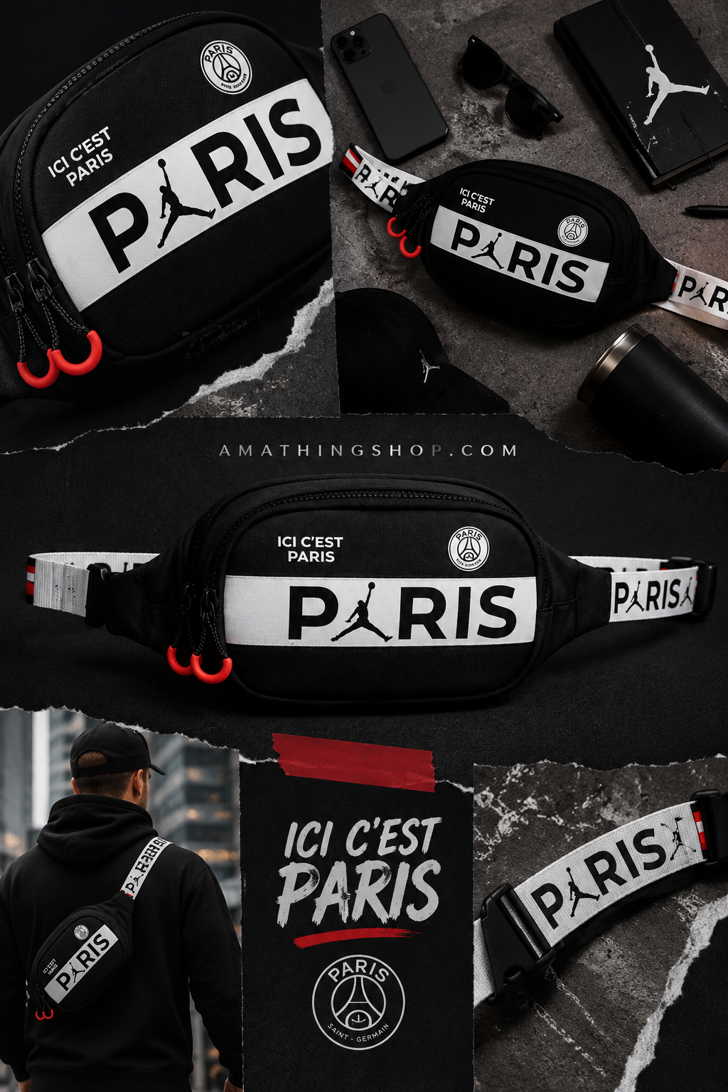 Poster collage streetwear de riñonera Jordan PSG negra con detalles lifestyle urbanos.