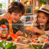 Niño y niña jugando con slime naranja y dinosaurio luminoso junto al huevo sorpresa ZURU Smashers Mini Light Up Dino