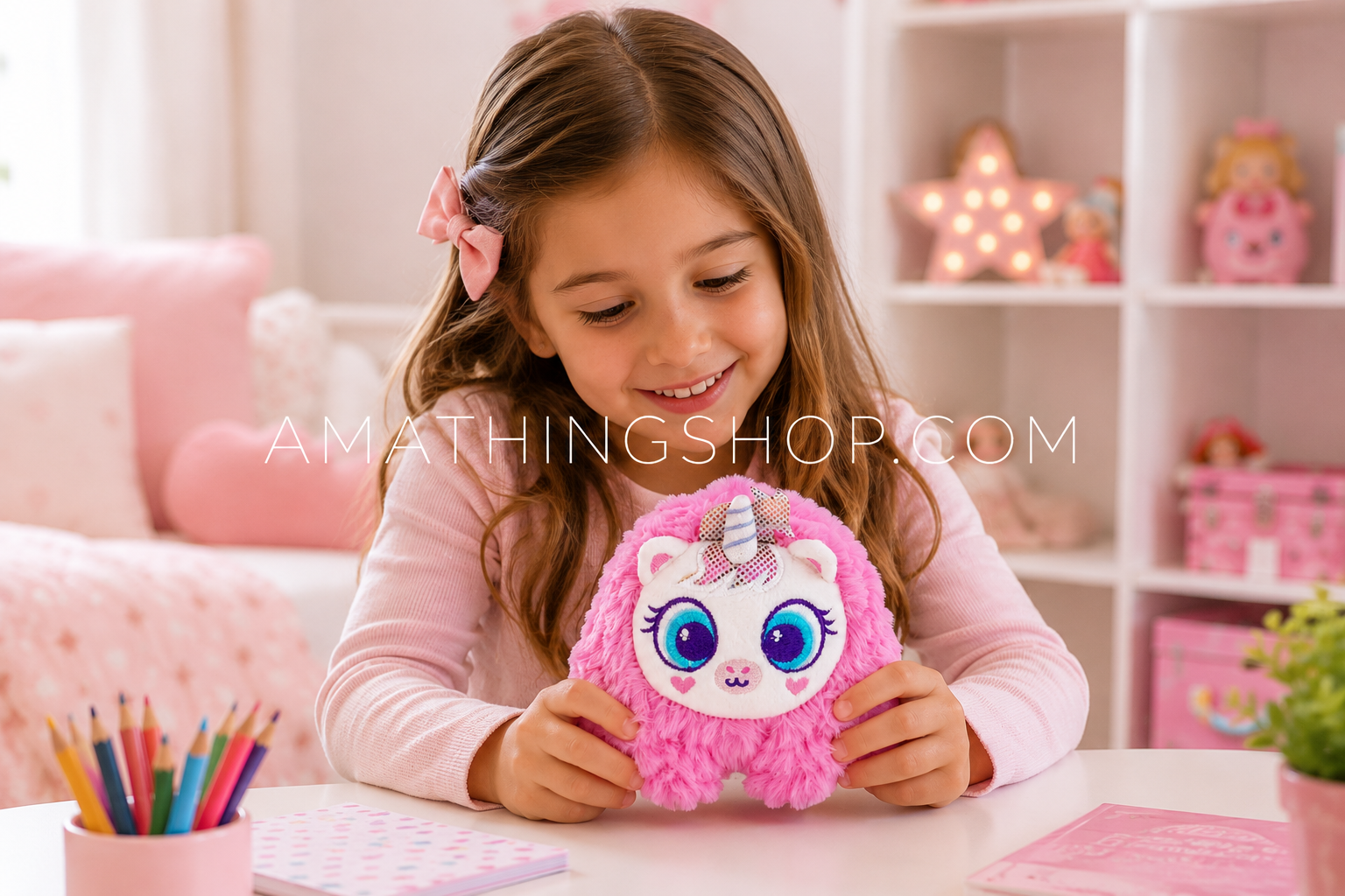Niña jugando con el Distroller Neonato Uñicorñita Original de la colección Ñeoñitos en una habitación infantil mostrando el tamaño real del peluche.