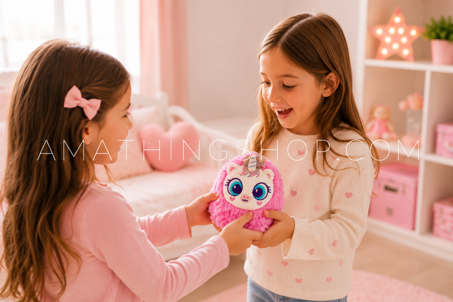 Dos niñas regalando el Distroller Neonato Uñicorñita Original Ñeoñitos