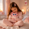 Niña abrazando el Neonato Distroller Mazapán Sigolishius Delishius Pompshius original de 18 cm en una habitación infantil