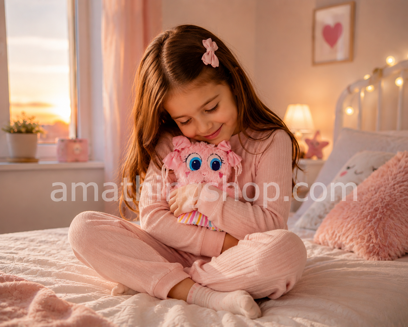 Niña abrazando el Neonato Distroller Mazapán Sigolishius Delishius Pompshius original de 18 cm en una habitación infantil