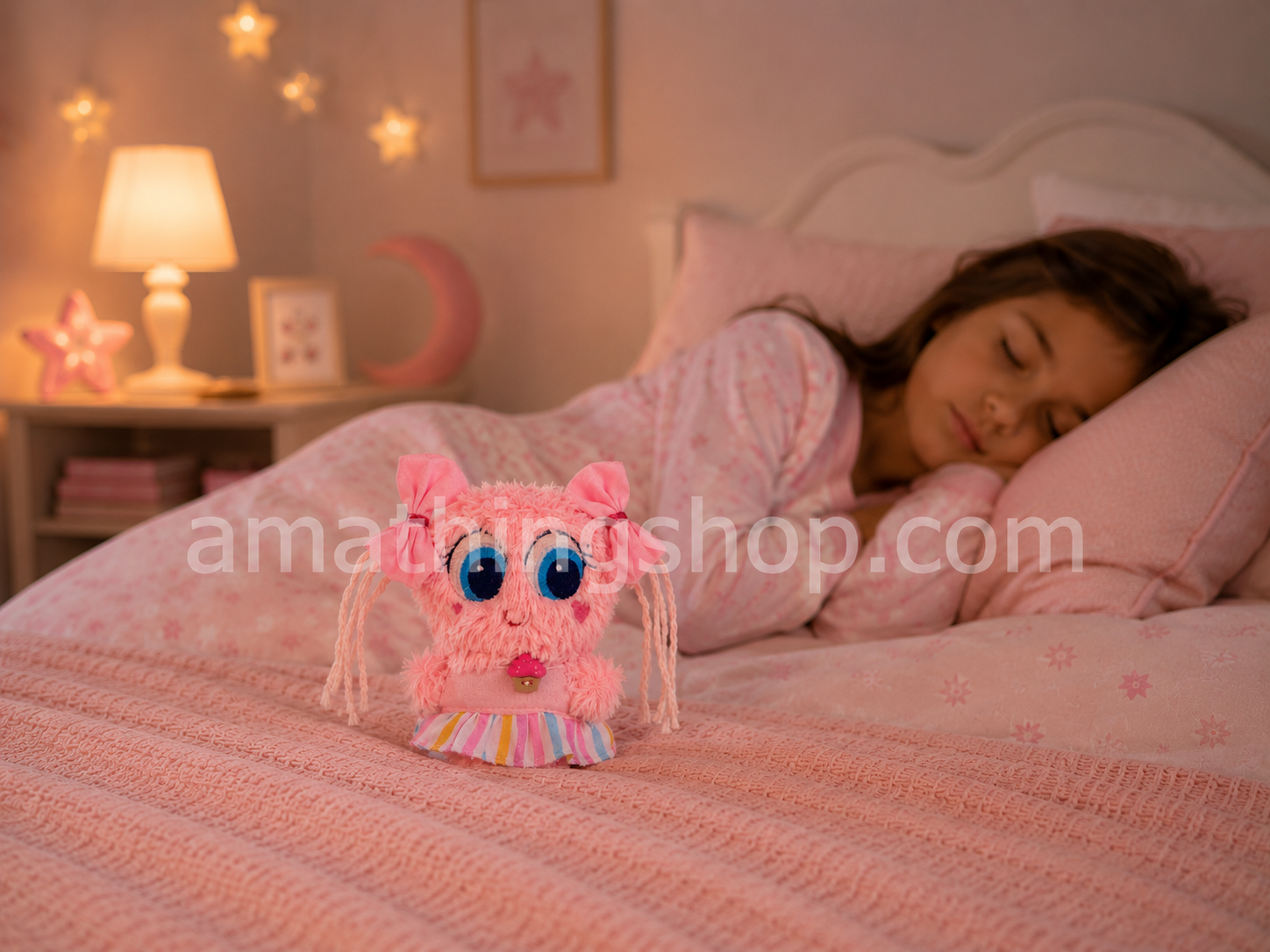 Neonato Distroller Mazapán Sigolishius Delishius Pompshius original de 18 cm junto a una niña durmiendo en una habitación infantil