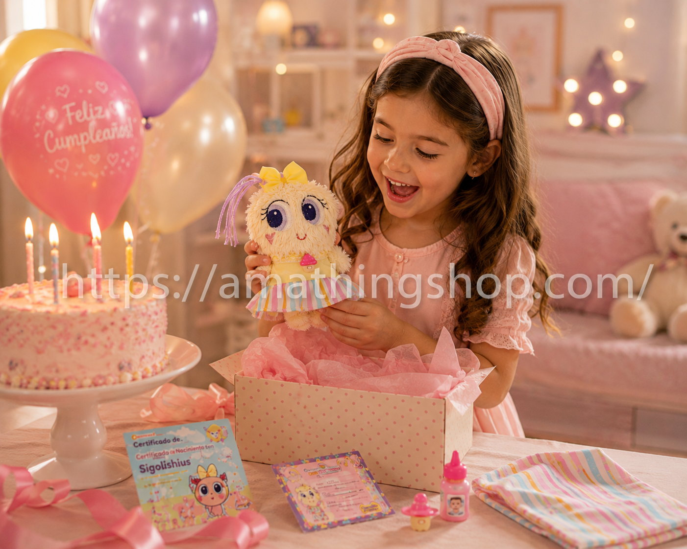 Niña jugando con el Neonato Distroller Cocada Sigolishius Delishius Pompshius original descatalogado de 25 cm durante una fiesta de cumpleaños