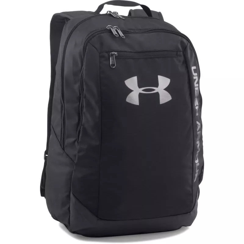 Vista lateral de la mochila Under armour hustle mostrando bolsillos para botellas