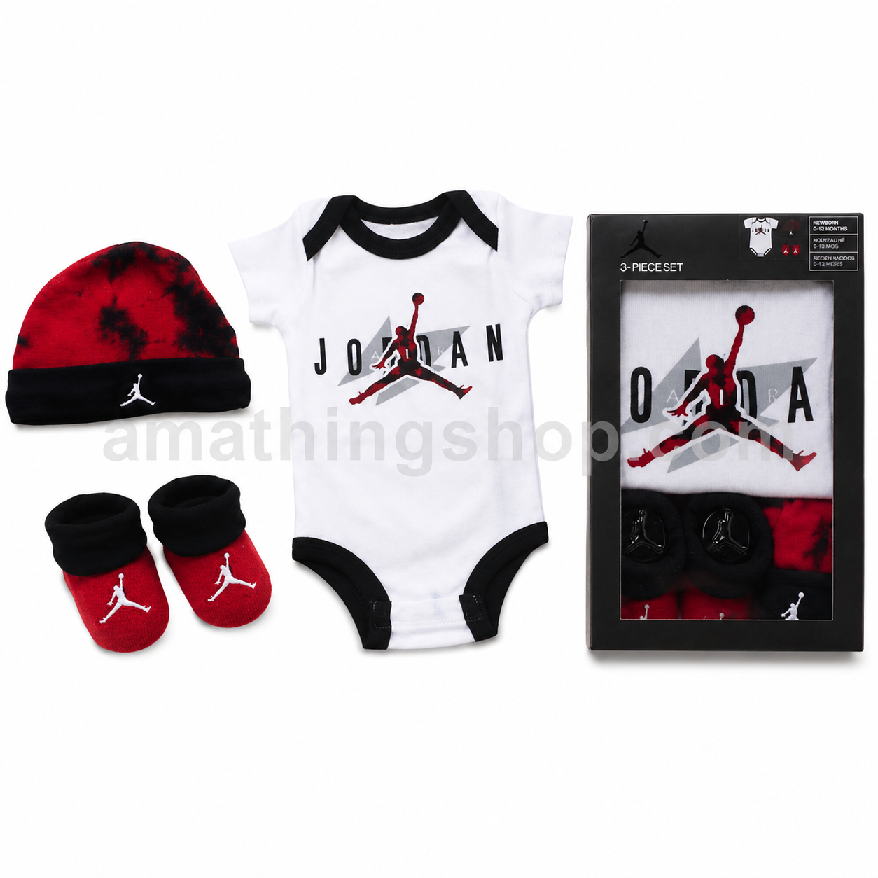 Conjunto original Nike Air Jordan para bebé con body blanco, gorro rojo y negro, patucos a juego y caja oficial modelo NJ0446-001