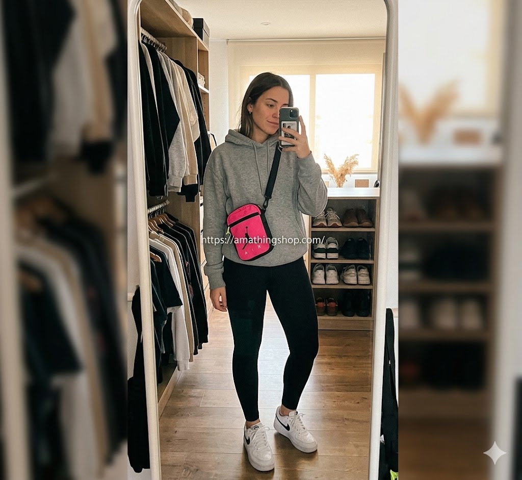 Mujer con bolso Jordan rosa bandolera en outfit casual frente a espejo, ideal para uso diario, looks urbanos y llevar móvil cómodamente.