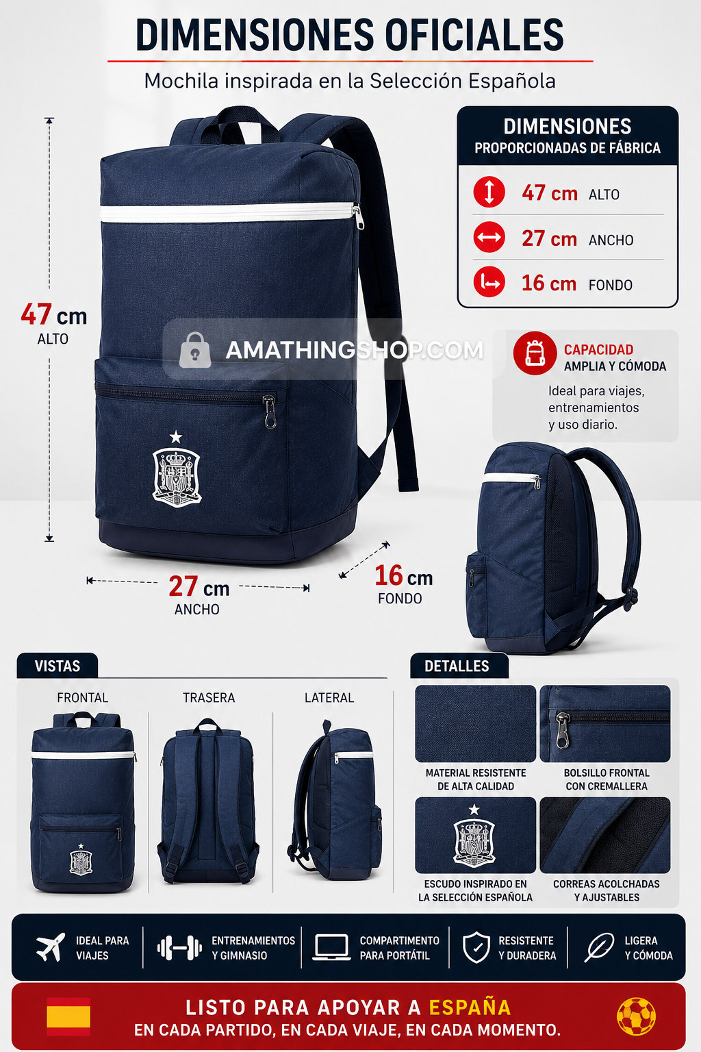 Mochila azul grande inspirada en la selección española con medidas 47 x 27 x 16 cm