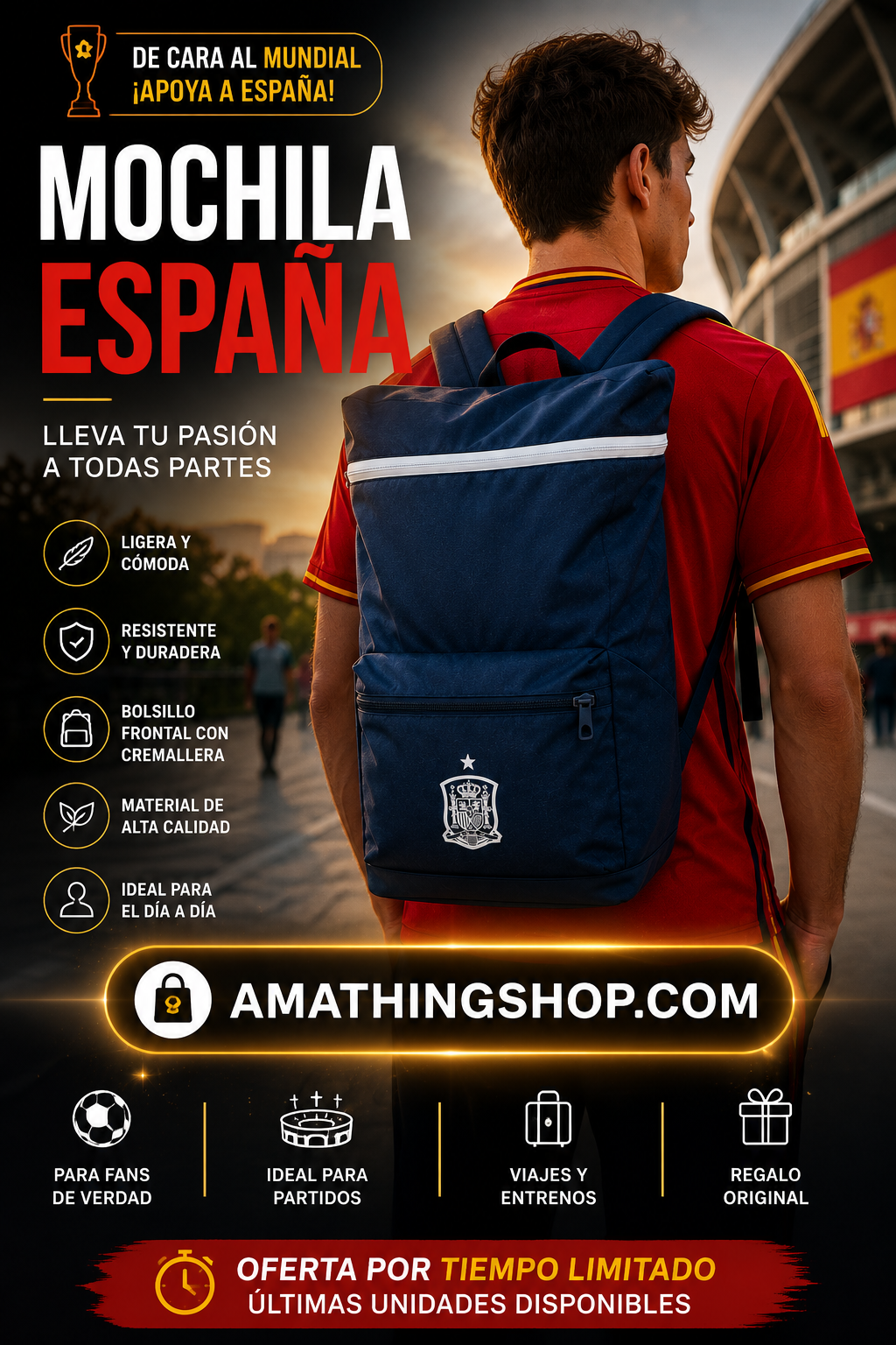 Aficionado llevando mochila Adidas azul de la selección española cerca de estadio de fútbol