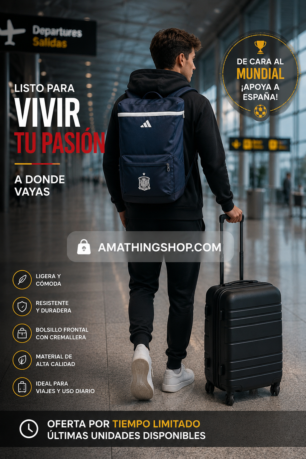 Hombre caminando en aeropuerto con mochila Adidas azul de la selección española y maleta
