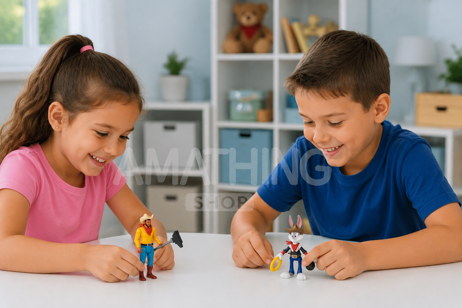 Niño y niña jugando con las figuras Space Jam LeBron James y Bugs Bunny Cowboy de 13 cm con accesorios originales