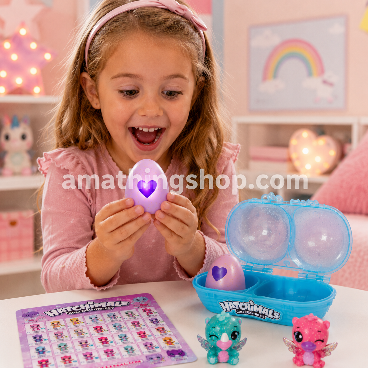 Niña descubriendo Hatchimals huevos sorpresa coleccionables con huevera azul y criaturas mágicas