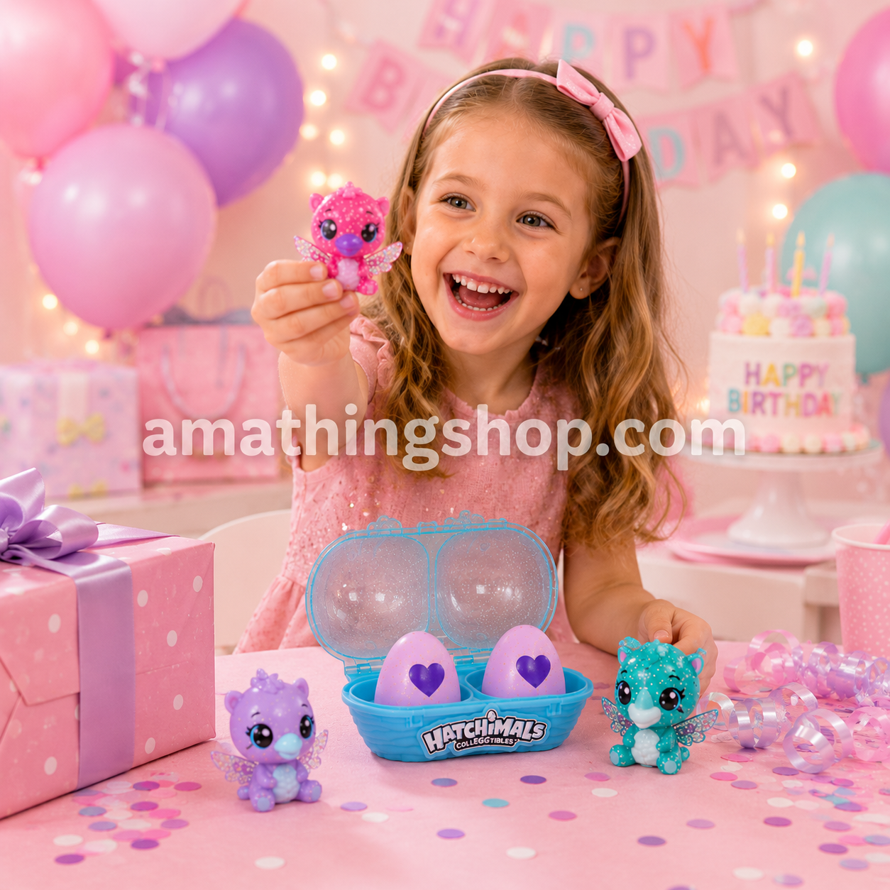 Niña celebrando cumpleaños con Hatchimals sorpresa y figuras coleccionables en huevera azul