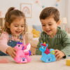 Niña y niño de aproximadamente 3 años jugando con los unicornios interactivos VTech Tut Tut Animals Cometa y Fantasía sobre una mesa. Los juguetes mantienen un tamaño proporcional y muestran un uso real para niños de 1 a 5 años.