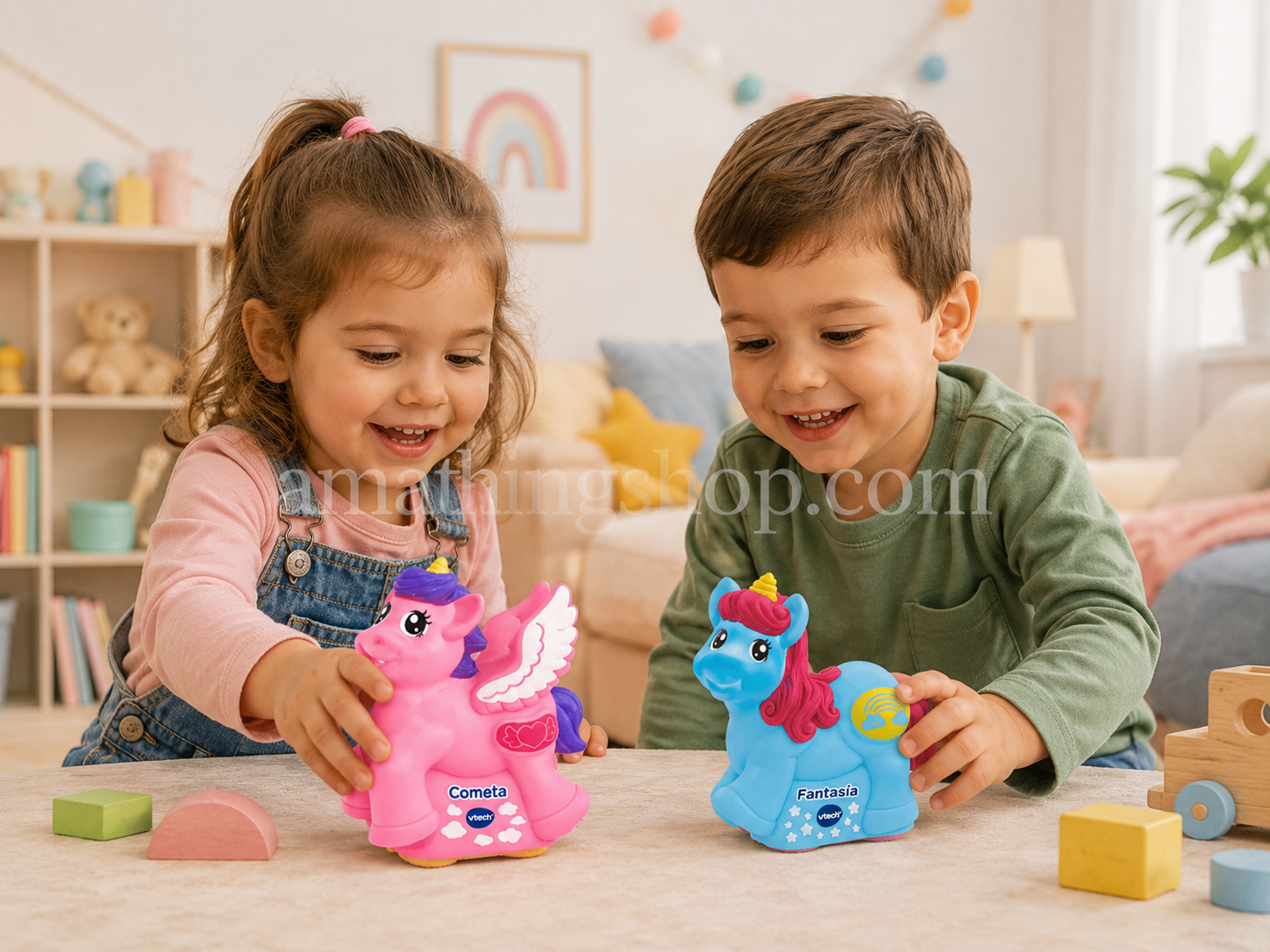Niña y niño de aproximadamente 3 años jugando con los unicornios interactivos VTech Tut Tut Animals Cometa y Fantasía sobre una mesa. Los juguetes mantienen un tamaño proporcional y muestran un uso real para niños de 1 a 5 años.