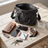 Bodegon Capacidad Bolso Desigual Ojo de Tigre Denim Limited Bodegón sobre madera mostrando el bolso Desigual Ojo de Tigre Denim Loverty 2.0 gris abierto con todos sus objetos esenciales ordenados: cartera grande, gafas de sol, móvil, pintalabios, libreta y pañuelo, junto a la placa de Edición Limitada. Imagen de capacidad y organización. Disponible en amathingshop.com