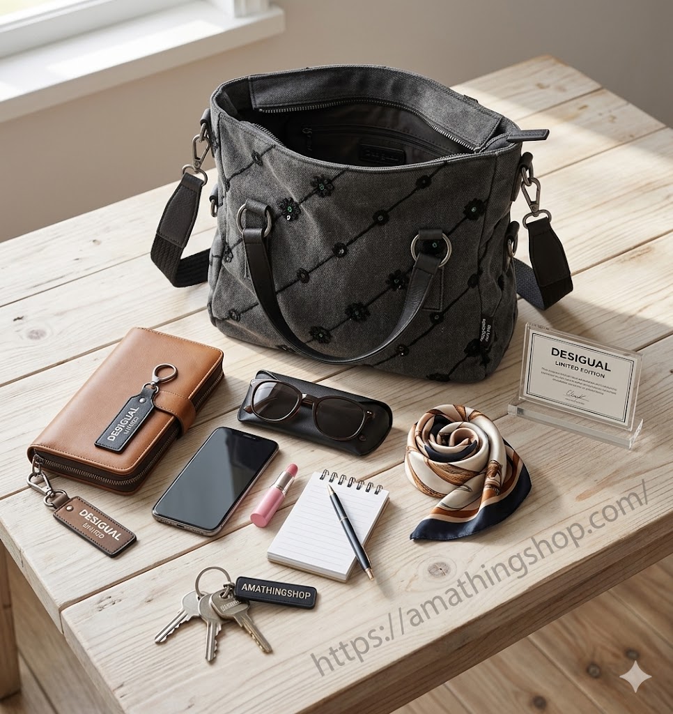 Bodegon Capacidad Bolso Desigual Ojo de Tigre Denim Limited Bodegón sobre madera mostrando el bolso Desigual Ojo de Tigre Denim Loverty 2.0 gris abierto con todos sus objetos esenciales ordenados: cartera grande, gafas de sol, móvil, pintalabios, libreta y pañuelo, junto a la placa de Edición Limitada. Imagen de capacidad y organización. Disponible en amathingshop.com