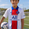 Niño sonriendo en campo de fútbol con camiseta oficial Nike PSG 2020/21 blanca para niño, diseño visitante del Paris Saint-Germain con detalles rojos y azules. Imagen lifestyle deportiva orientada a fútbol infantil y regalo original para fans del PSG.