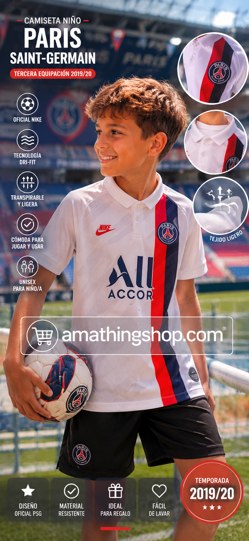 Niño con camiseta oficial Nike Paris Saint-Germain blanca 2019/20 en estadio de fútbol. Camiseta PSG infantil transpirable y cómoda para uso diario y entrenamientos.