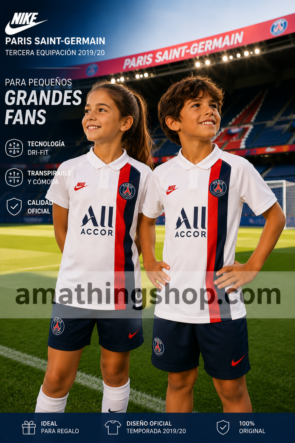 Niño y niña con camiseta oficial PSG Nike blanca 2019 2020 en estadio de fútbol con diseño deportivo infantil.