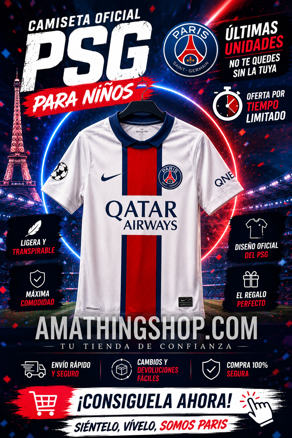 Póster de camiseta oficial PSG Nike para niño con fondo estilo Champions League y oferta limitada en ambiente deportivo moderno.