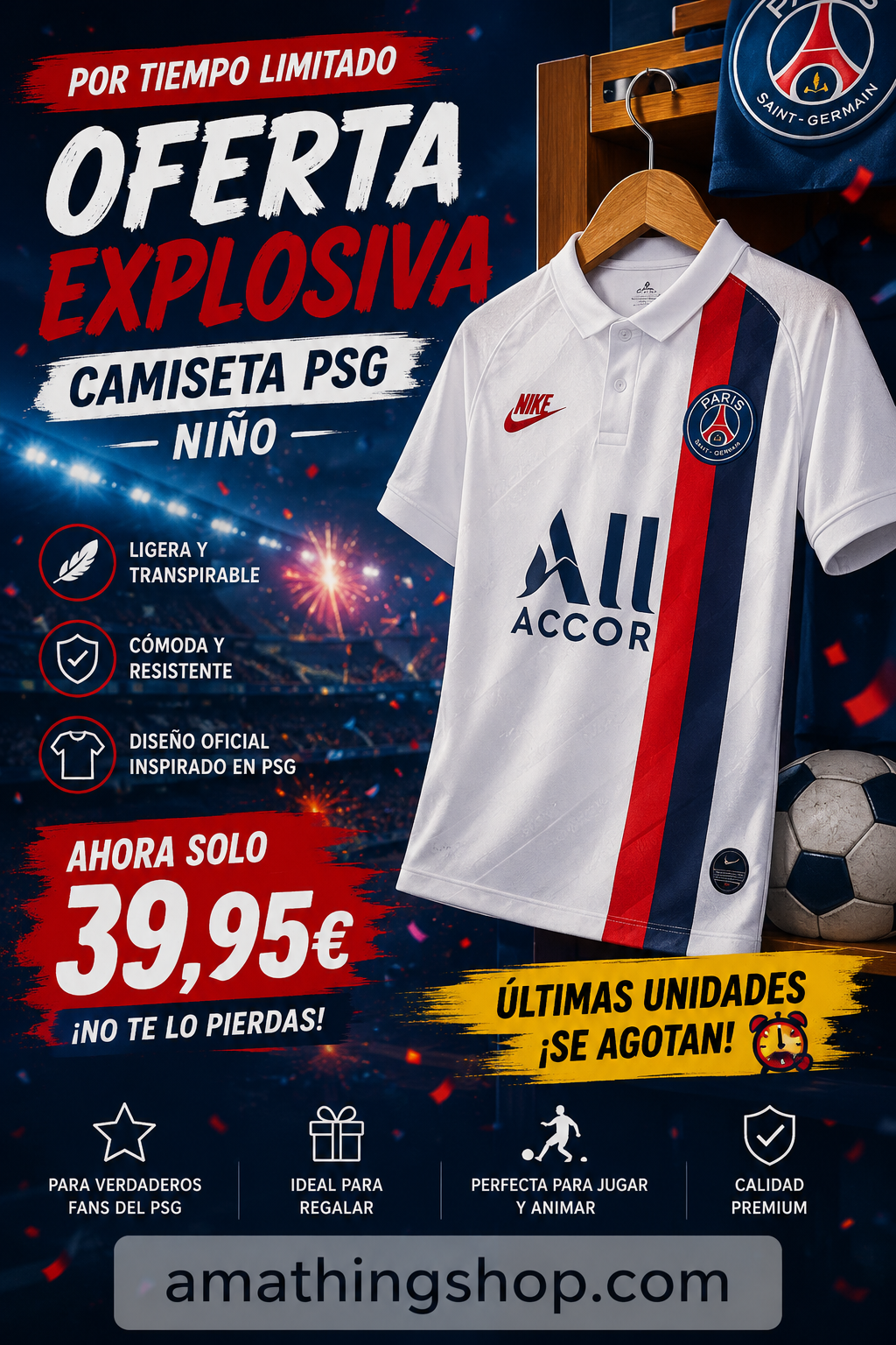 Camiseta estilo PSG blanca infantil en promoción limitada con diseño deportivo para fans del fútbol europeo.