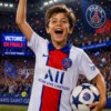 Niño celebrando victoria del PSG con camiseta oficial Nike Paris Saint-Germain blanca 2020 2021 en estadio iluminado durante ambiente de Champions League.