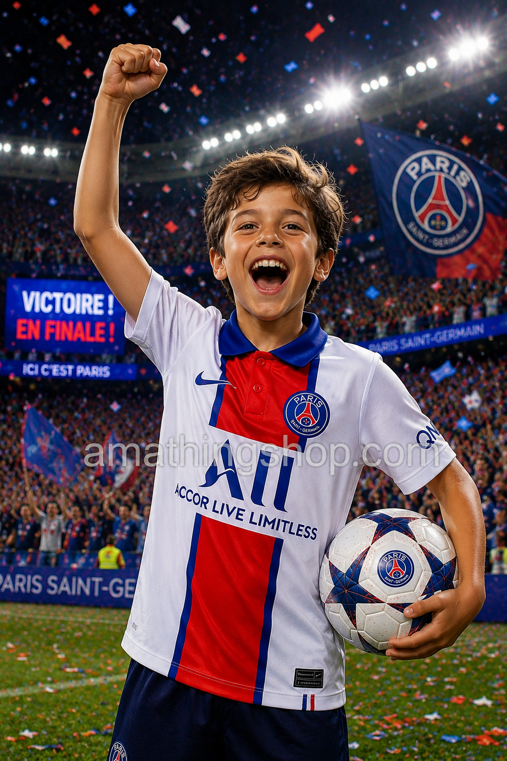 Niño celebrando victoria del PSG con camiseta oficial Nike Paris Saint-Germain blanca 2020 2021 en estadio iluminado durante ambiente de Champions League.