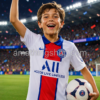 Niño celebrando victoria con camiseta oficial PSG Nike blanca 2020 2021 en estadio de fútbol iluminado. Imagen lifestyle deportiva inspirada en la clasificación del Paris Saint-Germain.