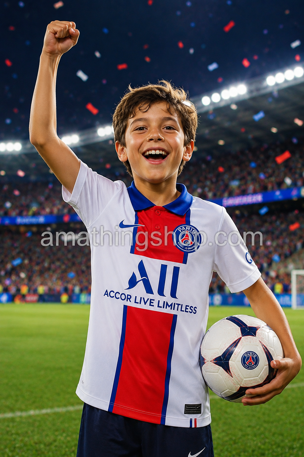 Niño celebrando victoria con camiseta oficial PSG Nike blanca 2020 2021 en estadio de fútbol iluminado. Imagen lifestyle deportiva inspirada en la clasificación del Paris Saint-Germain.