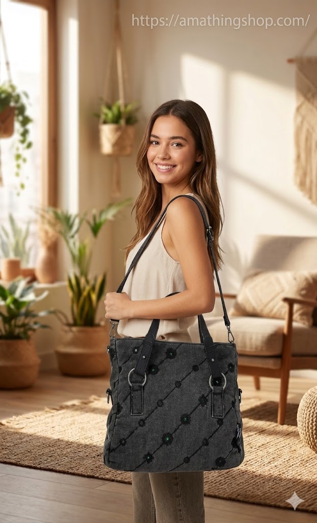 Estilo Casual con Bolso Desigual Ojo de Tigre Denim Loverty descatalogado Mujer sonriente llevando al hombro el bolso mediano Desigual Ojo de Tigre Denim Loverty 2.0 gris con bordados florales y pedrería, en un salón de estilo bohemio soleado. Imagen de estilo de vida que muestra el tamaño real y la versatilidad del bolso. Disponible en amathingshop.com