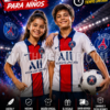 Póster deportivo de niño y niña con camiseta oficial PSG Nike blanca en estadio iluminado con ambiente Champions League y oferta limitada.