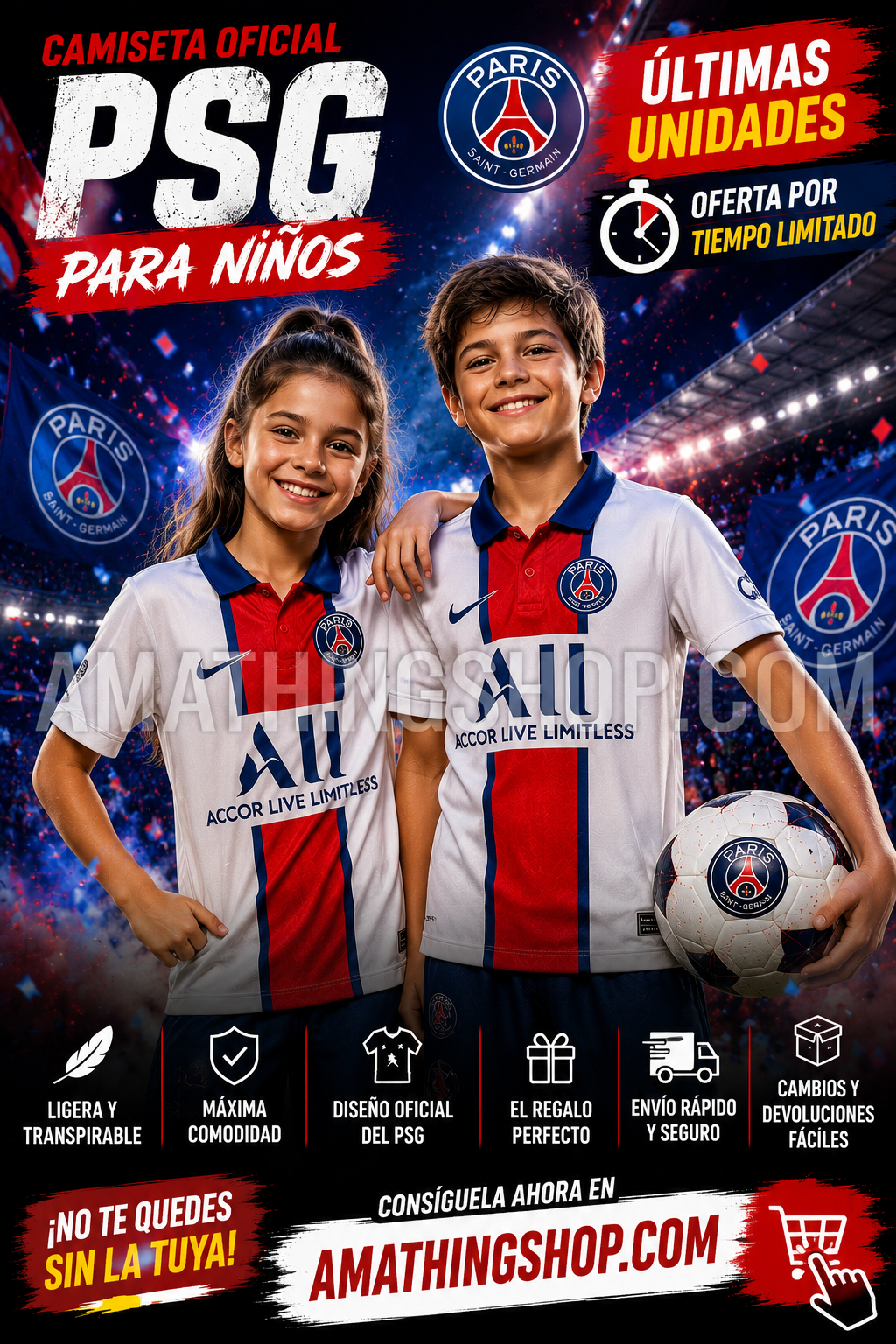 Póster deportivo de niño y niña con camiseta oficial PSG Nike blanca en estadio iluminado con ambiente Champions League y oferta limitada.