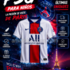 Póster deportivo de camiseta oficial PSG Nike para niño con fondo estilo Champions League, ambiente de estadio y oferta por tiempo limitado.