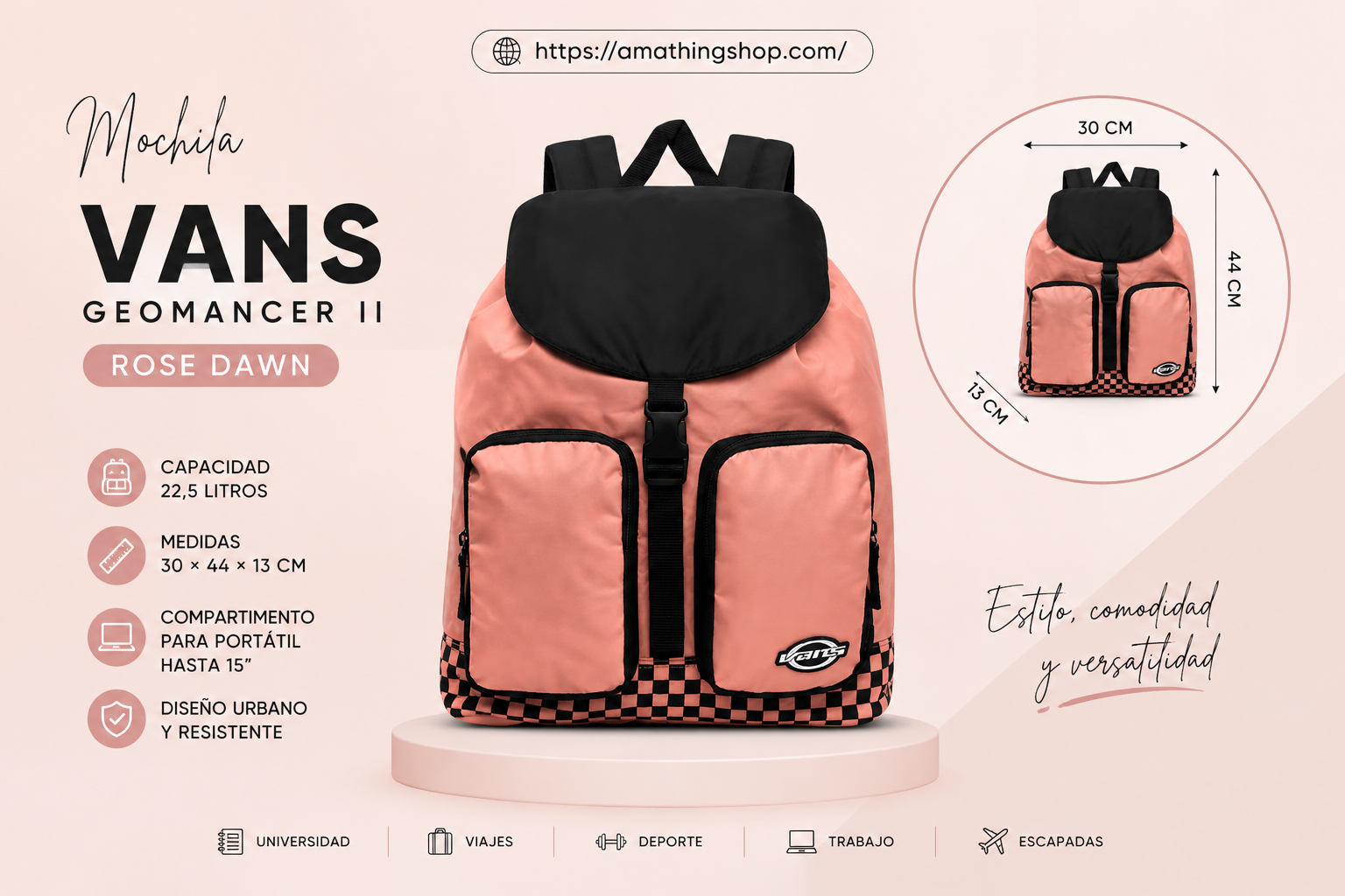 Mochila Vans Geomancer II 22L rosa para portátil, universidad y escapadas Mochila Vans Geomancer II rosa de 22 litros con compartimento portátil y diseño urbano