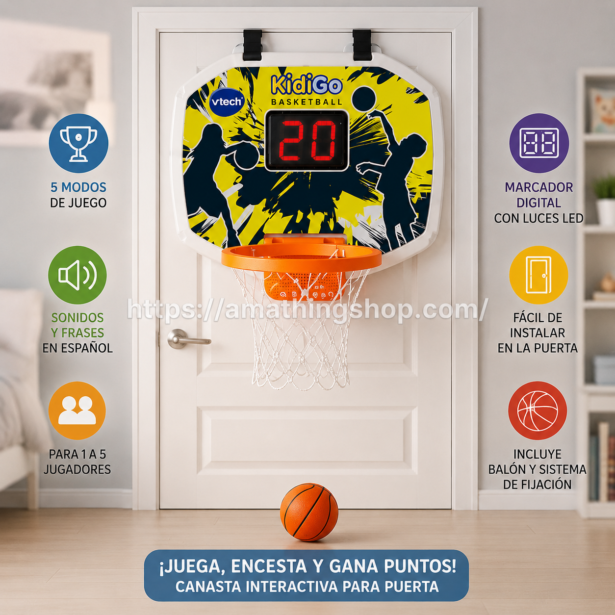 Canasta de baloncesto interactiva VTech KidiGo instalada en puerta de habitación infantil