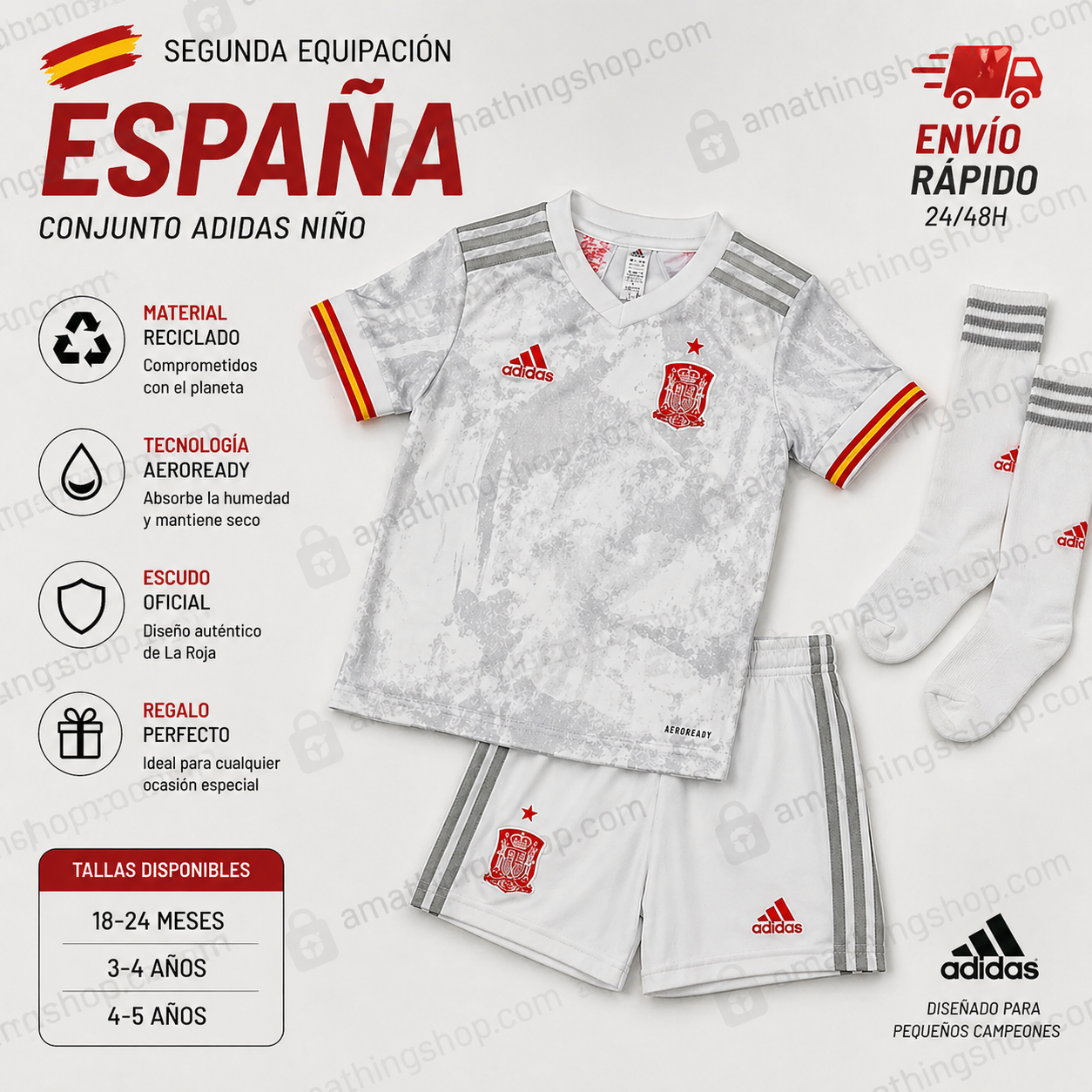 conjunto-adidas-espana-segunda-equipacion-nino-bebe-minikit-blanco-92-104-110cm-envio-rapido-amathingshop Conjunto fútbol España niño bebé segunda equipación Adidas blanco minikit infantil regalo cómodo ligero Aeroready tallas 92 104 110 cm