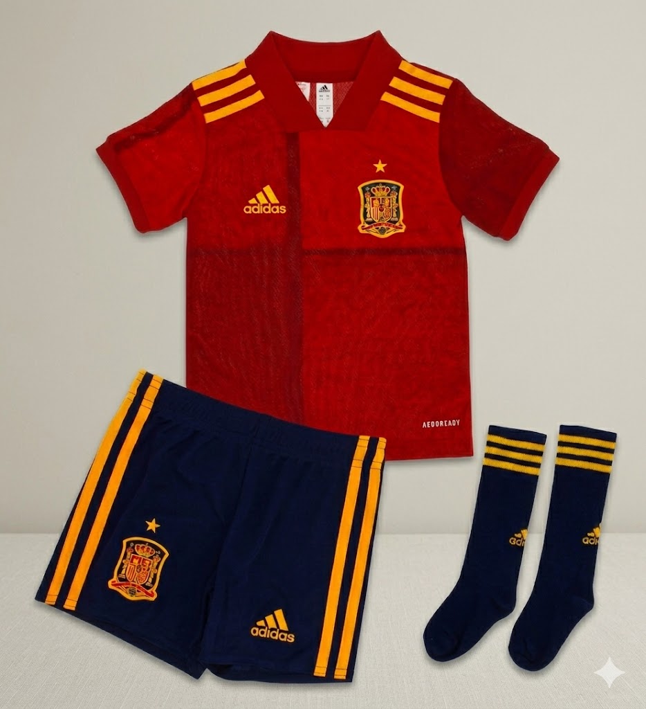 Conjunto de fútbol infantil de la selección de España compuesto por camiseta roja, pantalón azul marino y medias, presentado en estilo catálogo premium sobre fondo neutro.