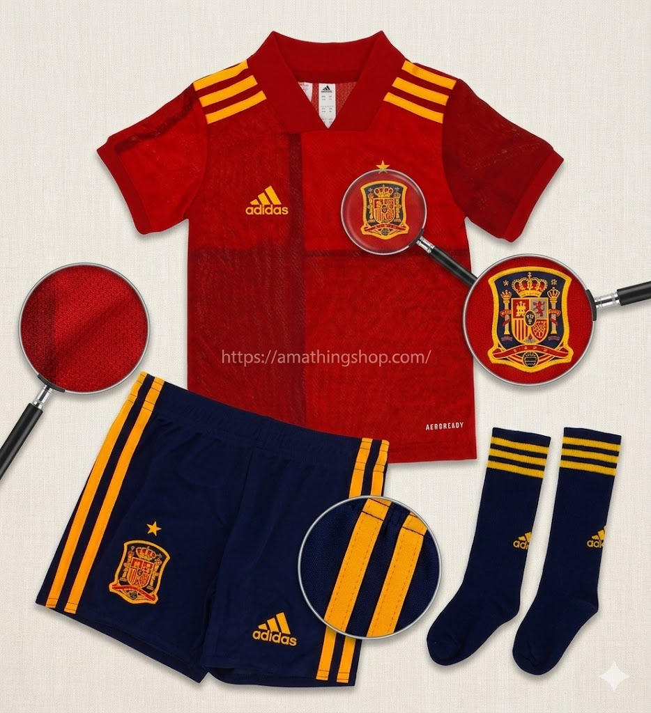 Vista detallada del conjunto de fútbol infantil de España, mostrando la calidad del escudo, el tejido de la camiseta roja y el pantalón azul marino en estilo catálogo profesional
