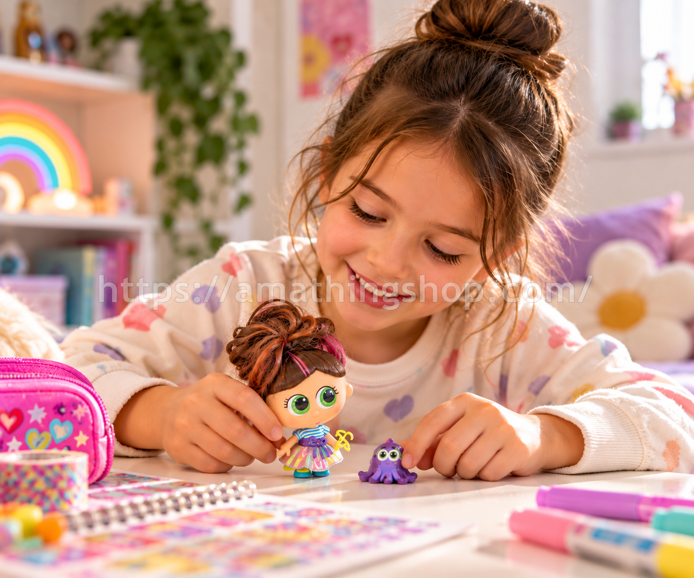 Niña jugando con muñeca Distroller Chimichanga y mascota Acapulpo