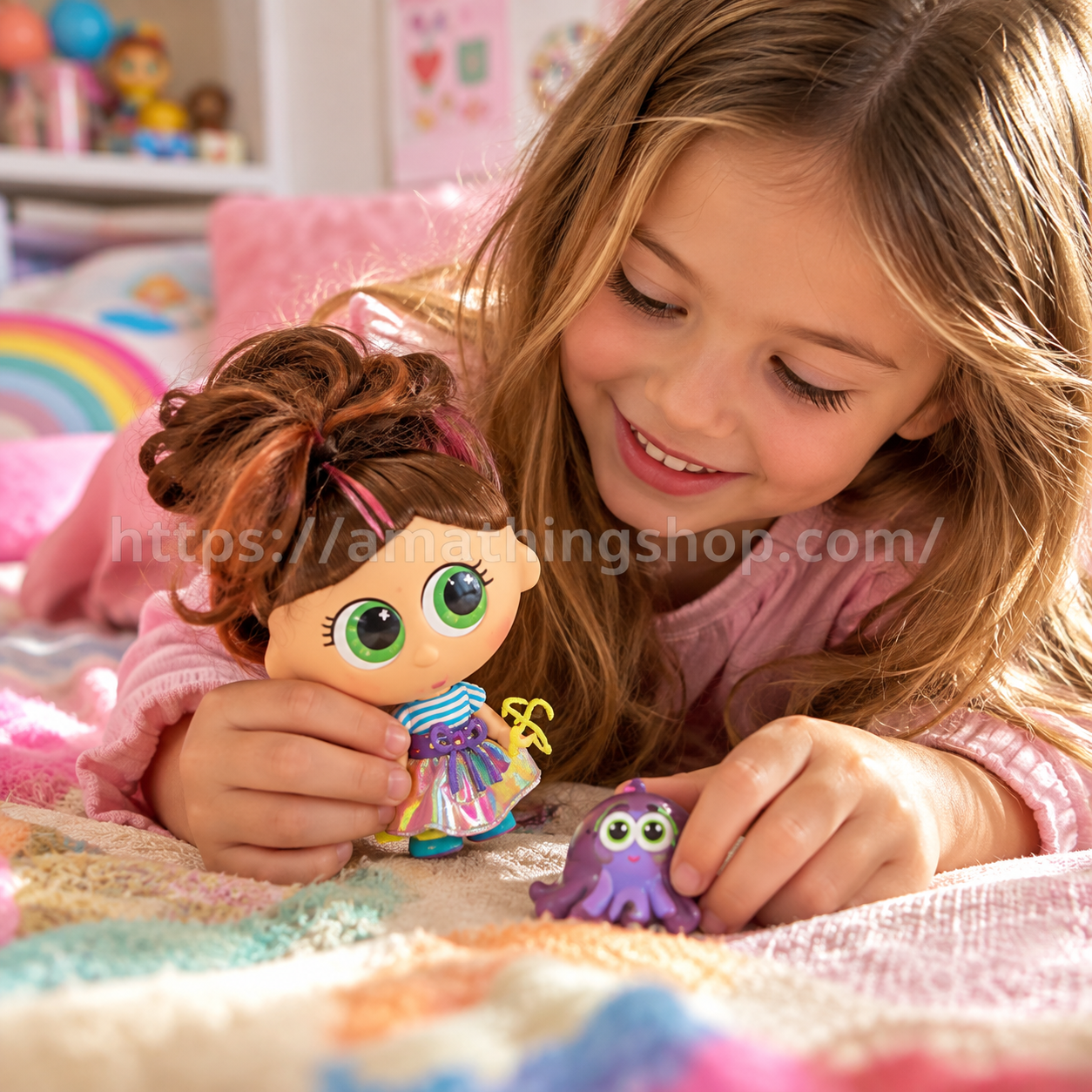 Niña jugando con muñeca Distroller Chimichanga y mascota Acapulpo