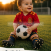 Bebé con equipación roja de España jugando con balón de fútbol en césped al atardecer estilo lifestyle premium infantil