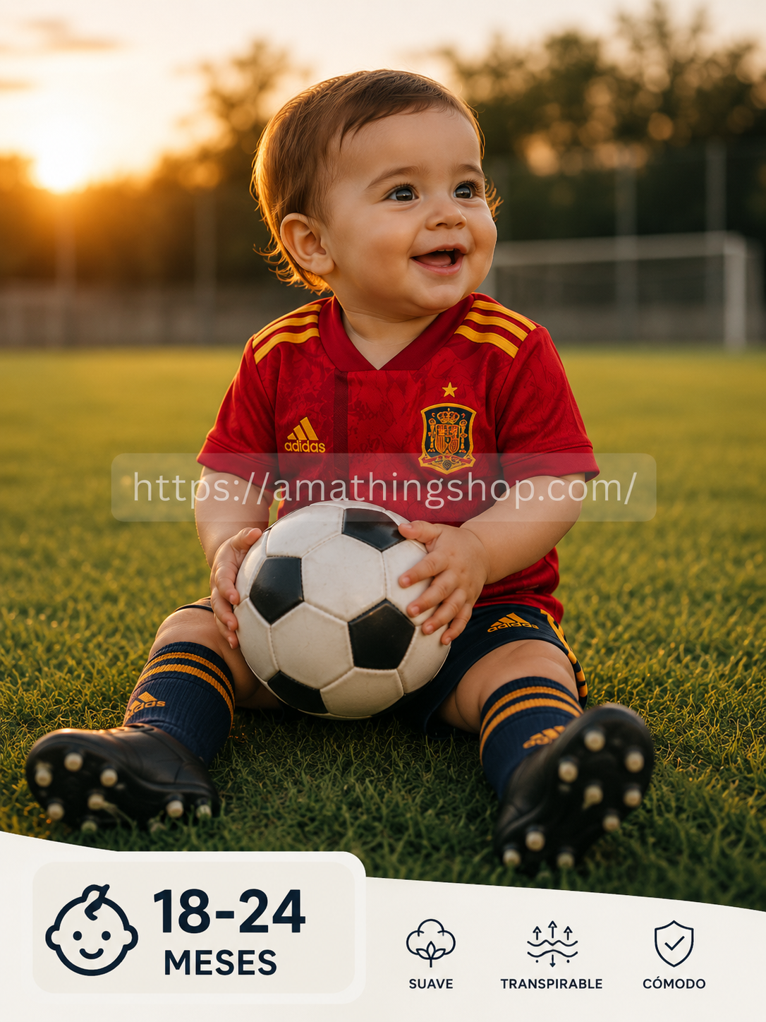 Bebé con equipación roja de España jugando con balón de fútbol en césped al atardecer estilo lifestyle premium infantil