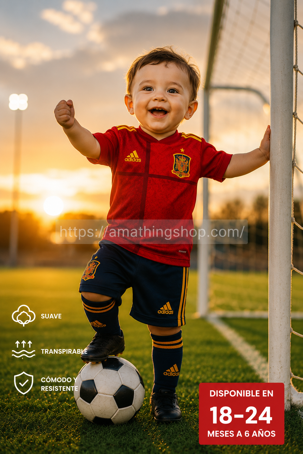 Bebé celebrando con equipación roja de España y balón de fútbol junto a portería al atardecer estilo lifestyle premium