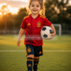 Niña de 4 años con equipación roja de España caminando con balón de fútbol en campo al atardecer estilo lifestyle premium